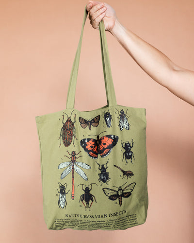 Green tote bag with illustrations of native Hawaiian insects held by a hand against a peach background