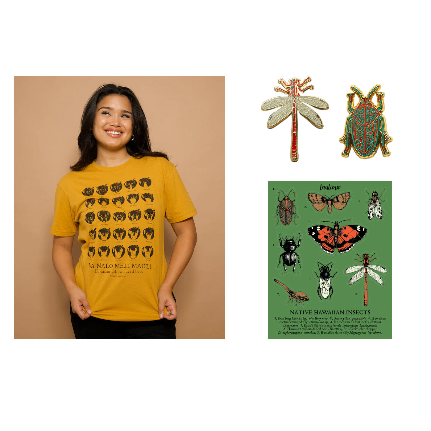 Person wearing a yellow t-shirt with insect designs, accompanied by insect-themed pins and a sticker sheet featuring native hawaiian insects.