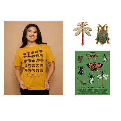 Person wearing a yellow t-shirt with insect designs, accompanied by insect-themed pins and a sticker sheet featuring native hawaiian insects.