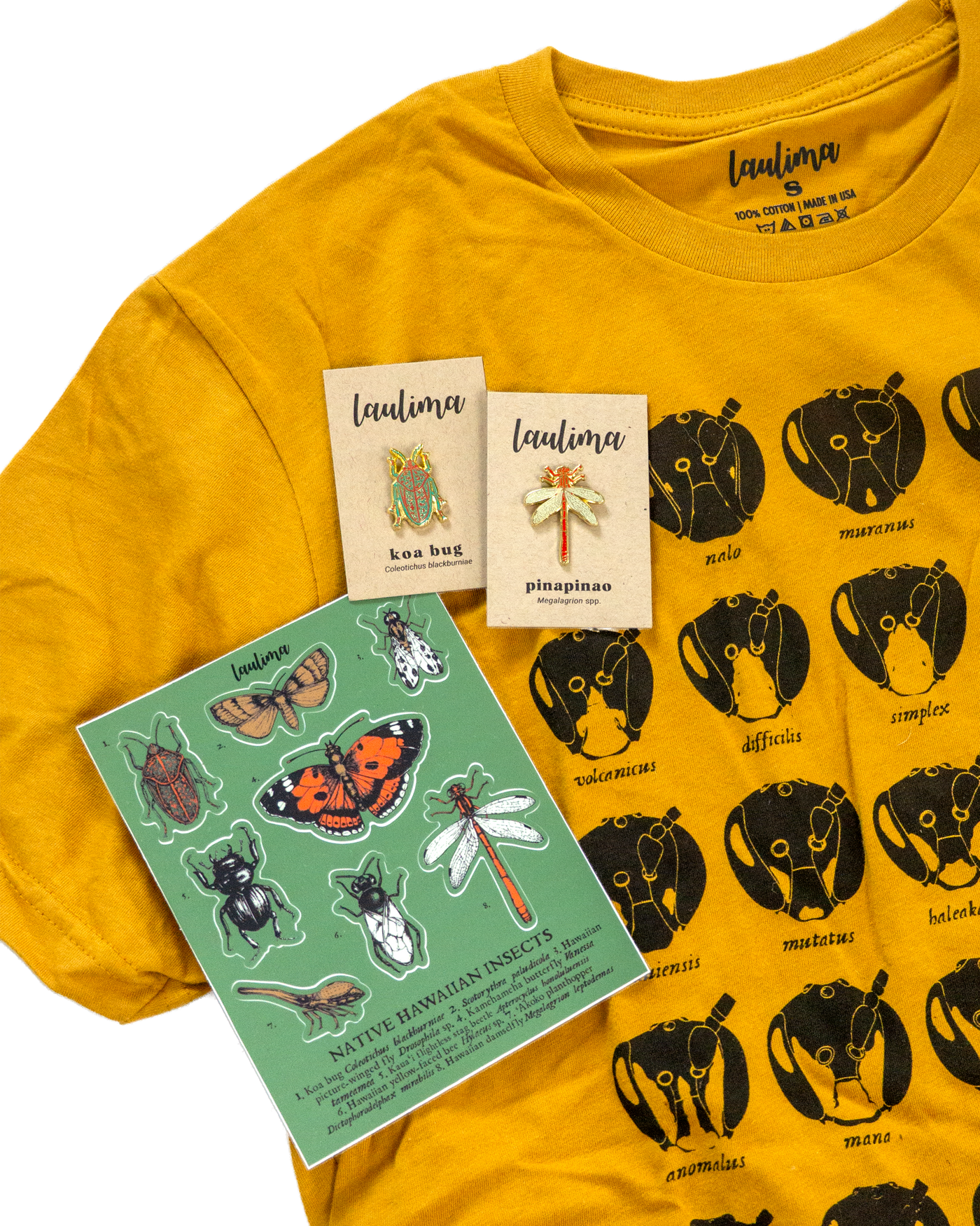 Yellow t-shirt featuring a variety of species of Hawaiian yellow-face bees, enamel pins of a koa bug and a pinapinao, and a sticker sheet featuring native hawaiian insects.