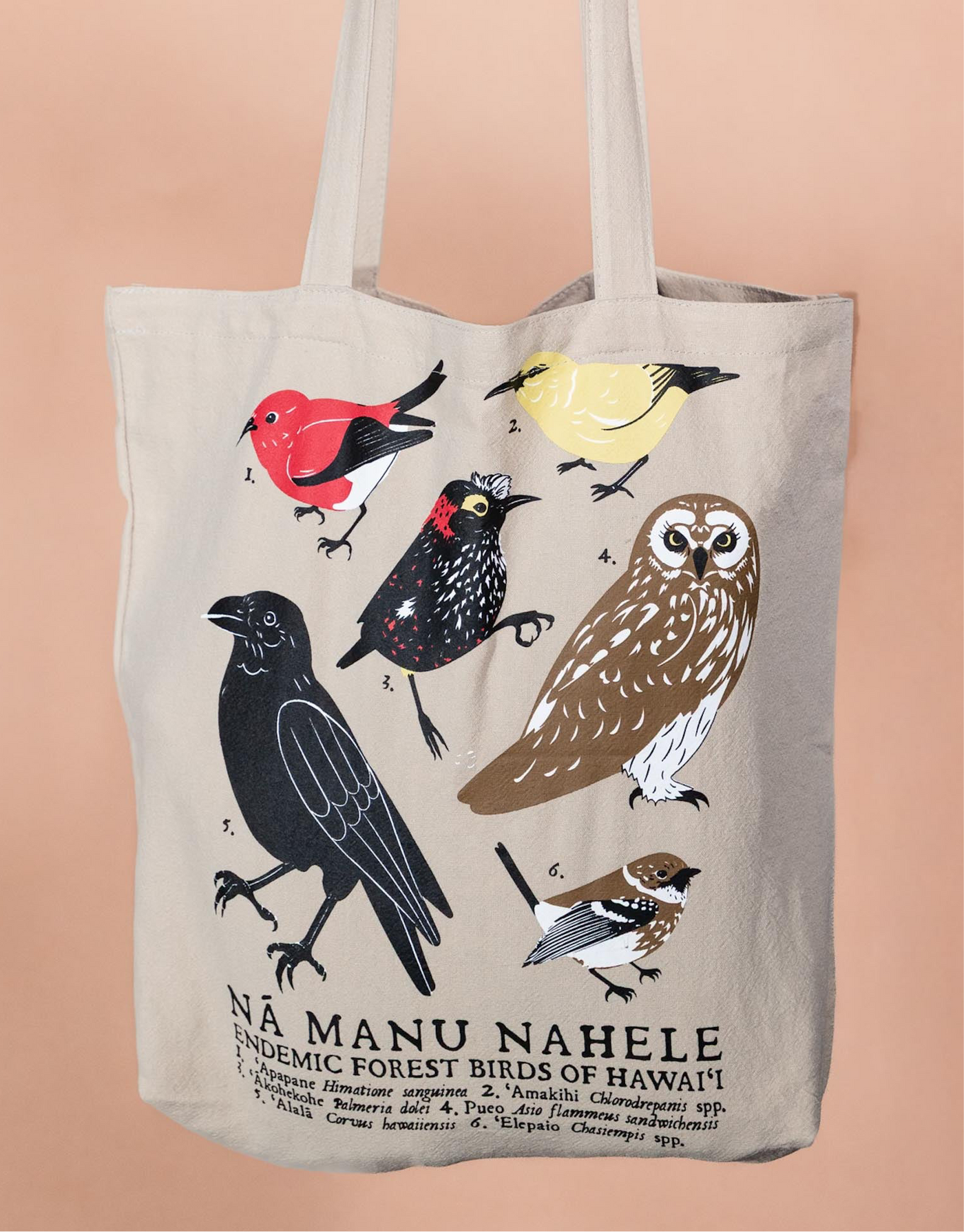 Tote bag with illustrations of endemic forest birds of Hawaii on a beige background
