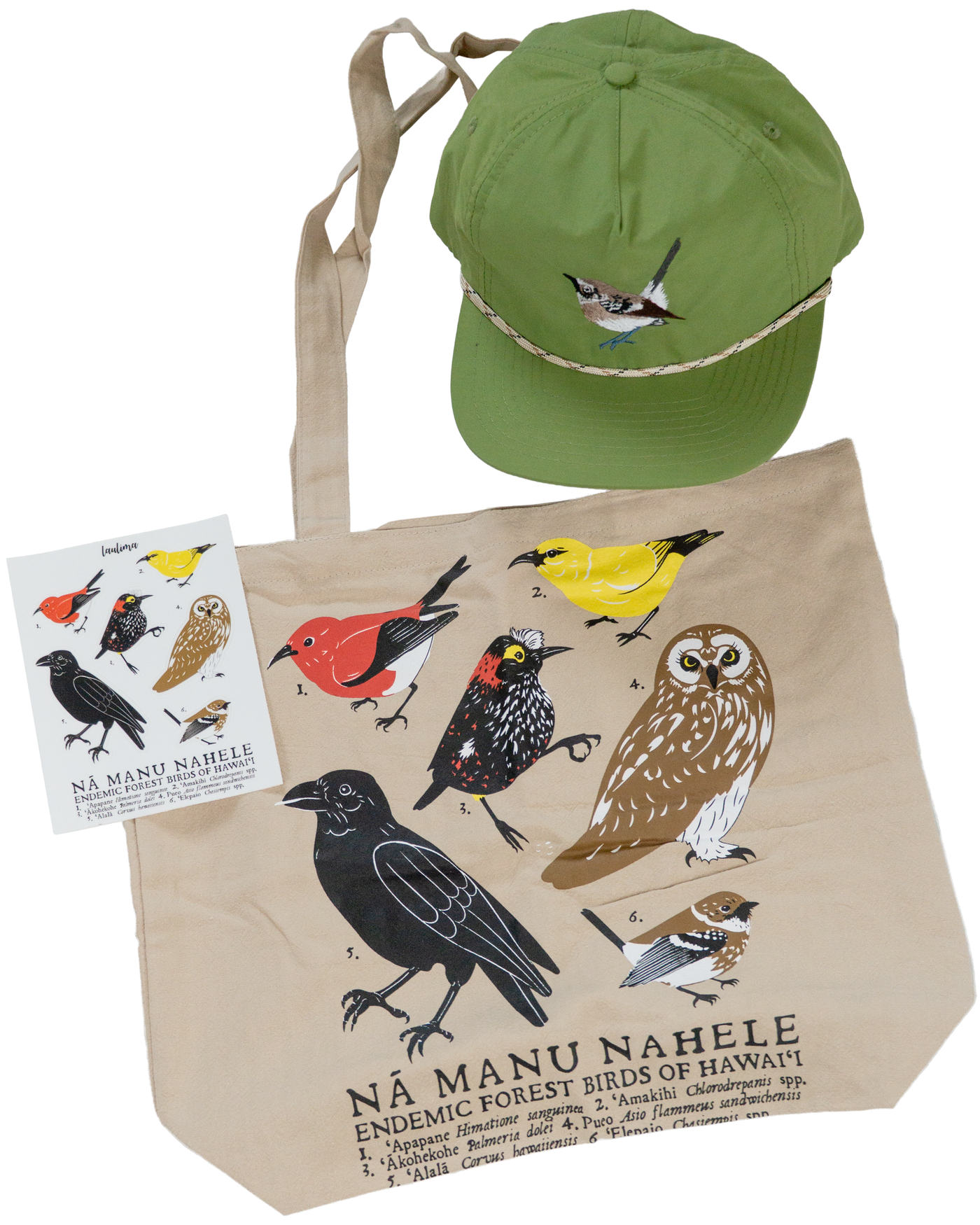 Green hat with an embroidered 'elepaio, a sticker sheet featuring native hawaiian forest birds, and a beige tote with a native hawaiian forest bird print.