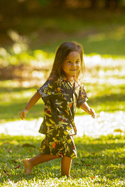 Hawaiian Honeycreeper Aloha Shirt and Short Set for children. For keiki that love nature, birds, and adventuring.