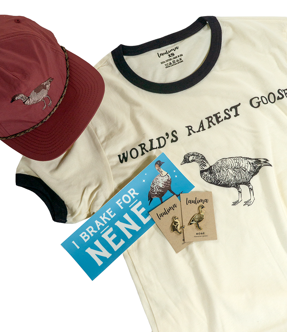 Beige ringer t-shirt with 'World's Rarest Goose' text and a line drawing of a nene goose, a red cap with an embroidered nene, a sticker that says "I brake for nene," and two enamel pins featuring a baby nene and an adult nene.