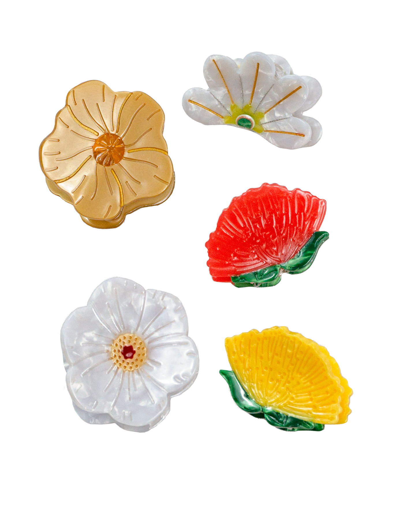 Five mini flower hair clips designed to look like naupaka, 'ilima, pua kala, red ohi'a lehua, and yellow ohi'a lehua.