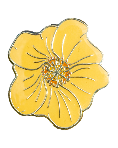 An enamel pin of a golden yellow flower with five broad, overlapping petals.