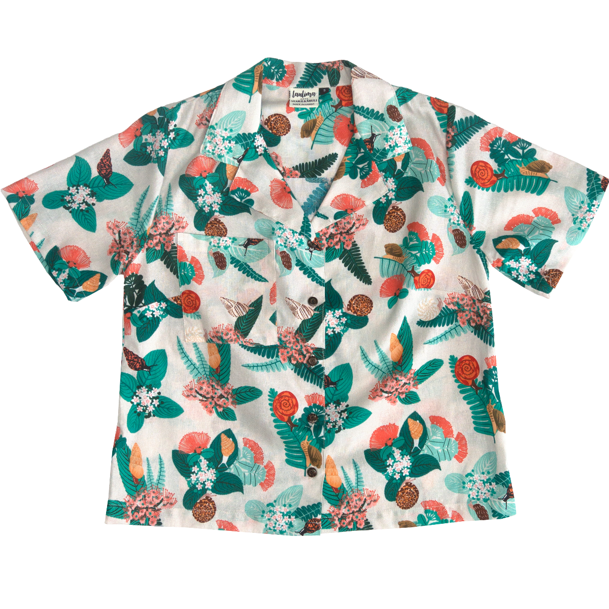 Kāhuli Camp Shirt featuring Hawaiian land snails. Made in Hawaii. Cotton linen blend fabric button down with a wide collar.