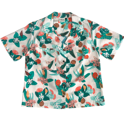 Kāhuli Camp Shirt featuring Hawaiian land snails. Made in Hawaii. Cotton linen blend fabric button down with a wide collar.