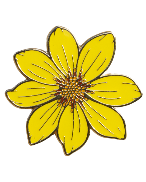 An enamel pin of a bright yellow flower with eight petals.