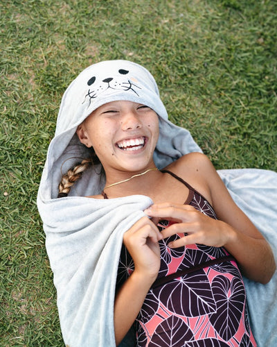Hawaiian Monk Seal Hooded Kids Towel made from soft gray bamboo fibers. Perfect for the beach or bath.