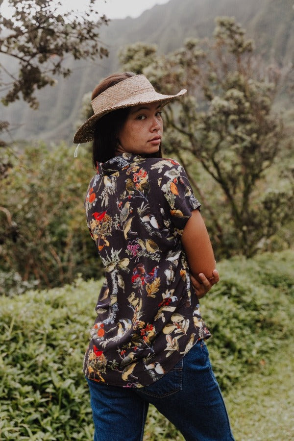 The Honeycreeper Aloha Shirt features extinct, endangered, & rare Hawaiian honeycreepers. Hand-sewn in Hawaii. Proceeds help protect native flora + fauna.