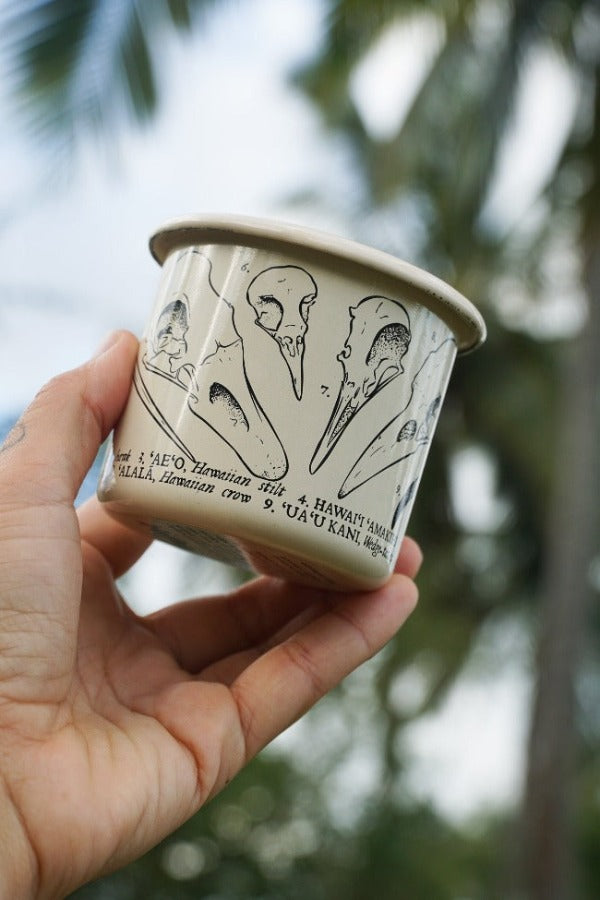 Hawaiian bird skull handmade enamel mug. 8oz drinking mug featuring scientific illustrations of native bird skulls.