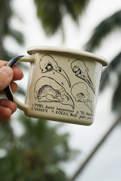 Hawaiian bird skull handmade enamel mug. 8oz drinking mug featuring scientific illustrations of native bird skulls.