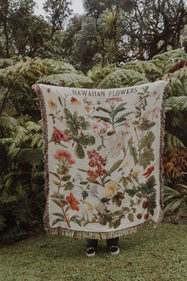 Hawaiian Flowers floral botanical tapestry woven blanket. Featuring tropical flowers that are endemic to Hawaii or indigenous to the Hawaiian Islands. 1800s antique vintage paintings / illustrations.