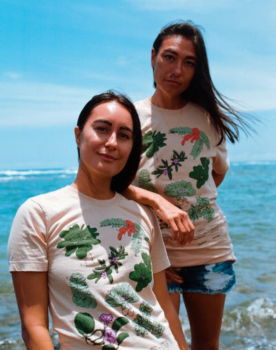 Hawaiian Islands coastal plant screen printed tee shirt. Sand color cotton. Botanical beach flowers and plants on a unisex shirt.