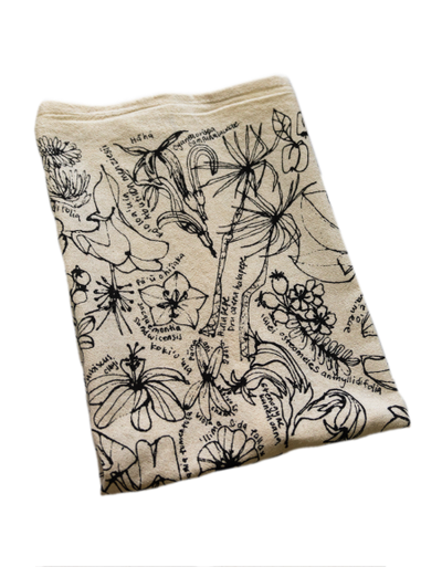 Hawaiian flowers and plants screen printed botanical natural cotton towel. Hawaii tropical island collage design. Made in Hawaii. Tropical home goods. Floral kitchen decor.