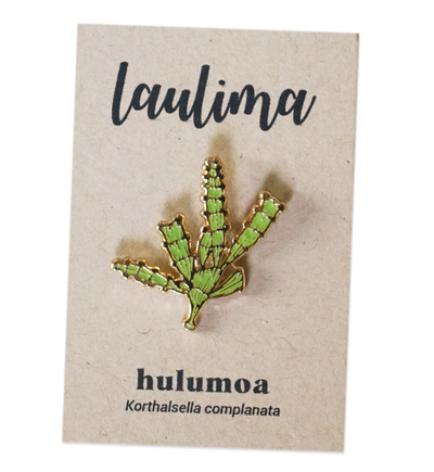 Often called Hawaiian mistletoe, hulumoa (Korthalsella complanata) is a parasitic plant that is native to Hawaii. Though it looks like a fern, it is actually a flowering plant in the sandalwood family. Gold and green 1.125" enamel pin.