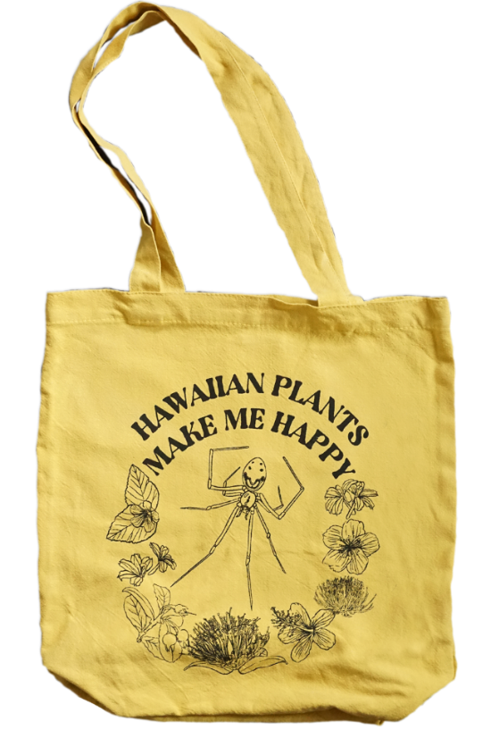 Hawaiian Happy face spider yellow everyday shopping tote bag with botanical tropical flowers and plants. Made in Hawaii. Linen and cotton blend. Mustard yellow color. Market bag.