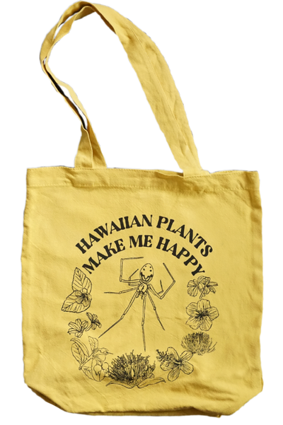 Hawaiian Happy face spider yellow everyday shopping tote bag with botanical tropical flowers and plants. Made in Hawaii. Linen and cotton blend. Mustard yellow color. Market bag.